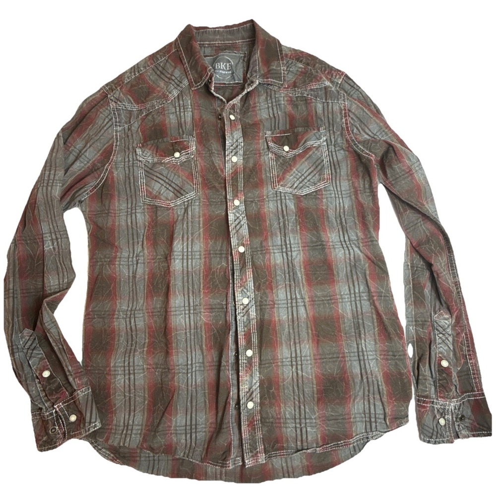 Y2K BKE Buckle Athletic Fit Mens Western Shirt‎ Size L Long Sleeve Pearl Snap